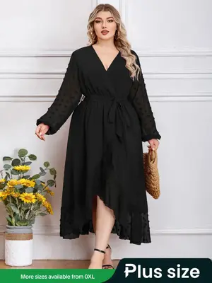 Plus Size Swiss Dot V Neck Belted Sheer A Line Dress, Elegant Long Sleeve High Waist Wrap Long Dress for Spring & Fall, Women...
