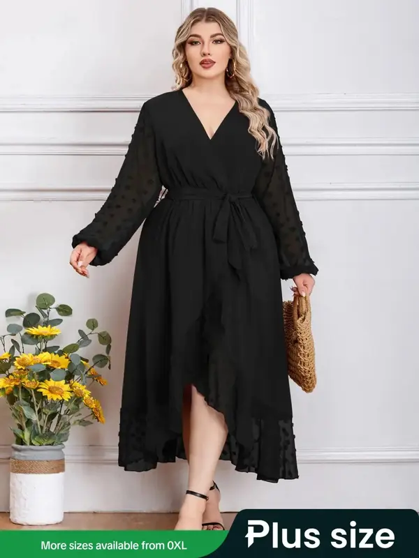 Plus Size Swiss Dot V Neck Belted Sheer A Line Dress, Elegant Long Sleeve High Waist Wrap Long Dress for Spring & Fall, Women...