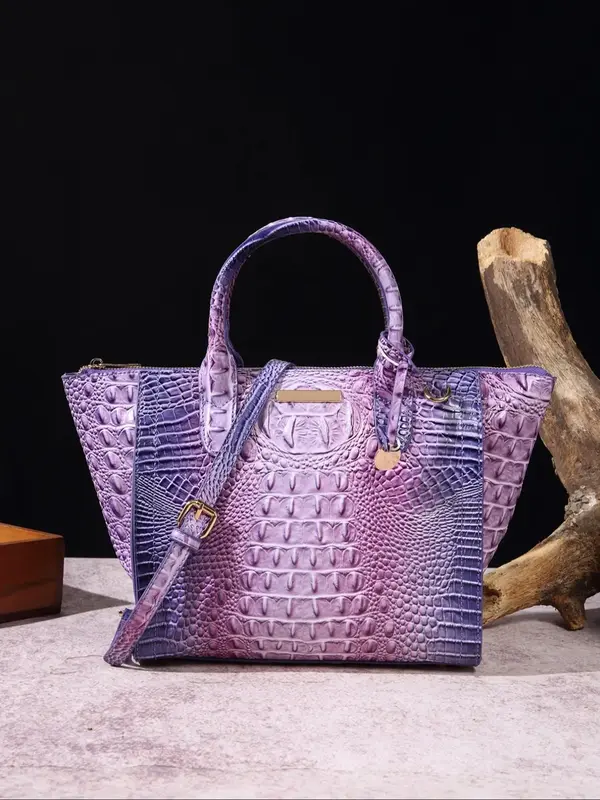 Fashionable Random Crocodile Pattern Zipper Tote Bag, Casual Trendy Handbag, Versatile High-quality Daily Commuting Bag, Girl...