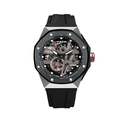 TSAR BOMBA Elemental Series Black Men's Automatic Mechanical Watch 閳ワ拷Stainless Steel Bezel & Case, Skeleton Dial, Sapp...