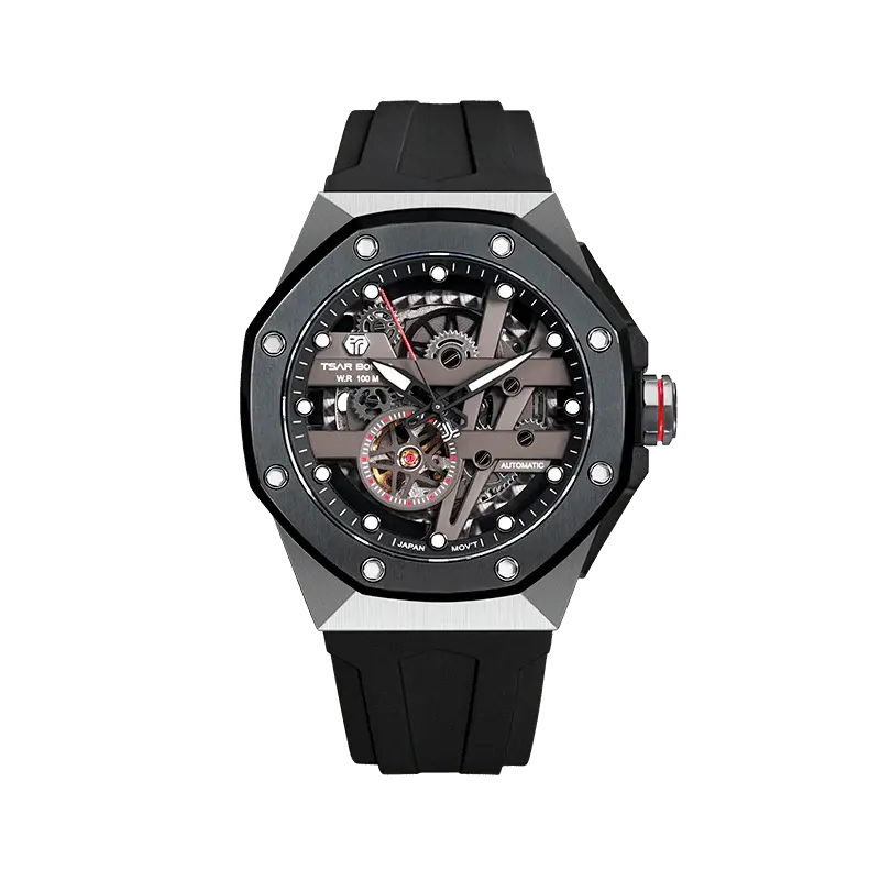TSAR BOMBA Elemental Series Black Men's Automatic Mechanical Watch 閳ワ拷Stainless Steel Bezel & Case, Skeleton Dial, Sapp...
