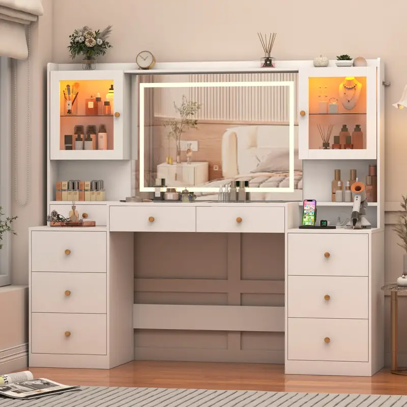 62 Large Vanity Desk w/ Tempered Glass Top,60000-color LED Lights,Power Outlet, Make up Vanity w/ 3 Lights Mode LED Mirror,...