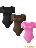 A PLUS MAX Women's 3 Solid Square Neck Bodysuits - Casual Curvy Short Sleeve BodysSuit - Tummy Tuck Garment - Ladies Clothes ...