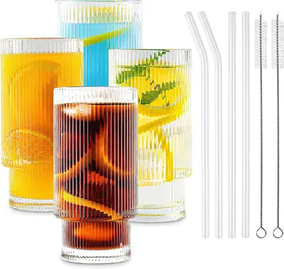 4 pcs Ribbed Glassware Vintage Drinking Glasses with Straws ,Clear Fluted Ripple Glass Cups 12oz,Ribbed Iced Coffee Cups for ...