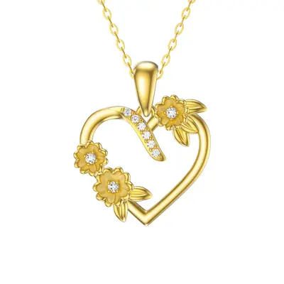 14K Gold Cubic Zirconia Sunflower & Heart Pendant Necklace
