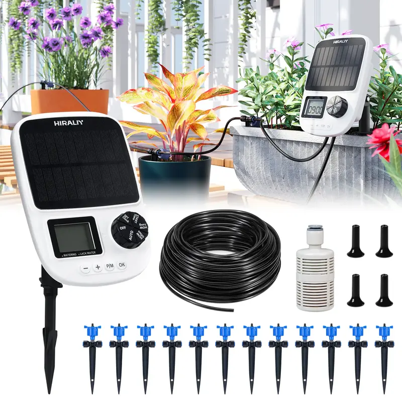 HIRALIY Solar Automatic Drip Irrigation System, Solar Powered Watering Device with Timer for Pots Plants, Pressure Balanced D...