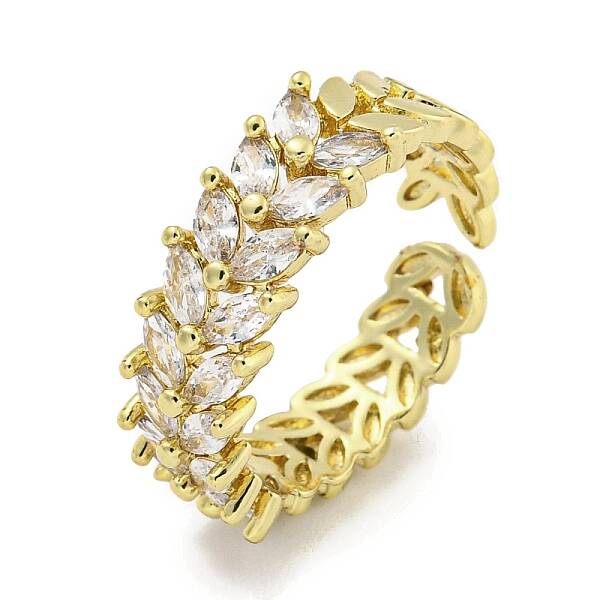 Leaf Brass Micro Pave Cubic Zirconia Open Cuff Ring for Women