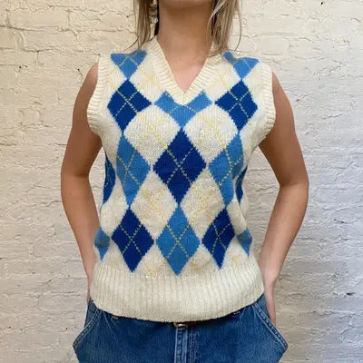 Shetlander Crazy Horse Argyle Sweater Vest - Large Cream Wool