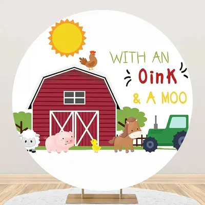 With An Oink A Moo Cute Farm Animals Round Backdrop - Aperturee