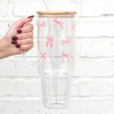 Sip-Sip Hooray! 40oz Coquette Glass Tumbler – Dainty Pink Vintage Bow Aesthetic Cup with Lid & Straw, Soft Girl Iced Coffee...