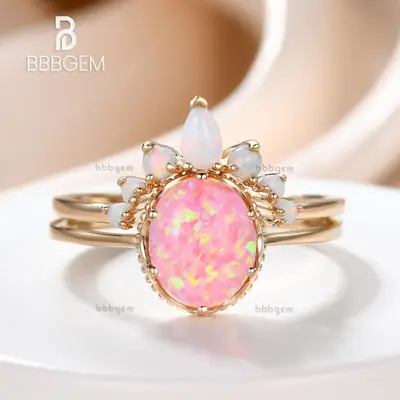 Vintage Opal Wedding Ring Set Oval Pink Fire Opal Engagement Ring