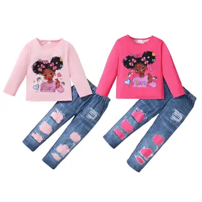2Pcs Clothes Outfits Set for 4-7Y Little Girls Figure Print Long Sleeve Sweatshirts and Ripped Denim Pants Set,Ready Stock 22...