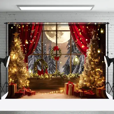 Aperturee Red Curtain Led Light Pine Tree Christmas Backdrop