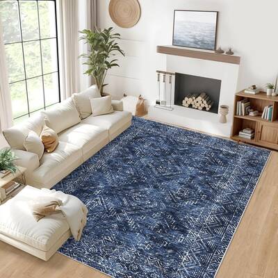Garvee Navy Blue Washable 9x12 Area Rug for Living Room Vintage Rugs for Bedroom Blue Rug Geometric Soft Large Area Rug Non S...