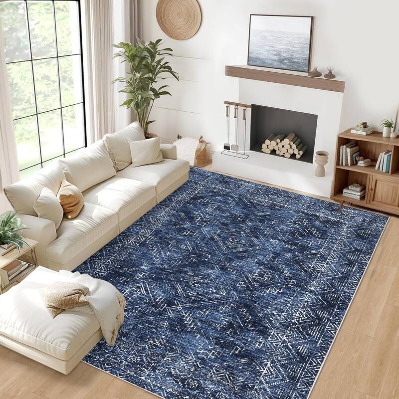 Garvee Navy Blue Washable 9x12 Area Rug for Living Room Vintage Rugs for Bedroom Blue Rug Geometric Soft Large Area Rug Non S...