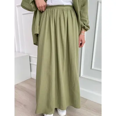 Elegant Green Two-Piece Skirt Set for Muslim Women - Chic Bubble Sleeve Button-Up Shirt & Pleated Maxi Skirt, 100% Polyester,...
