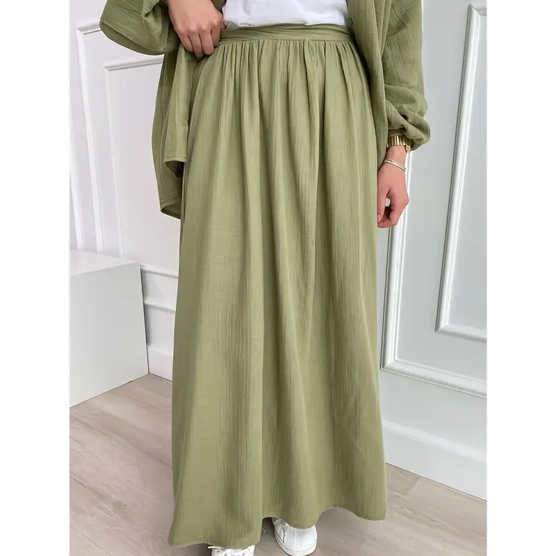 Elegant Green Two-Piece Skirt Set for Muslim Women - Chic Bubble Sleeve Button-Up Shirt & Pleated Maxi Skirt, 100% Polyester,...
