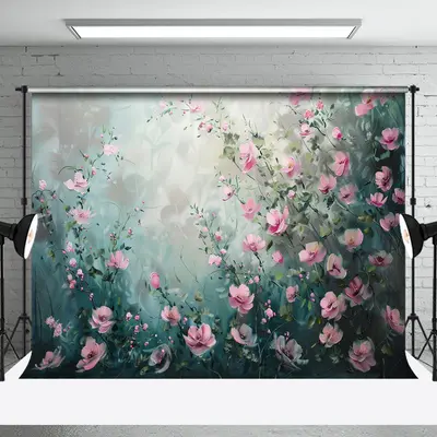 Green Leaves Pink Floral Spring Fine Art Backdrop