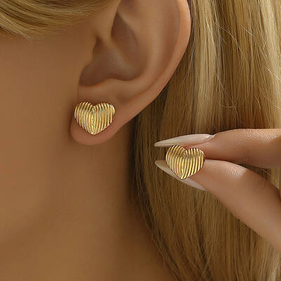 Romantic Striped Heart Stainless Steel Stud Earrings