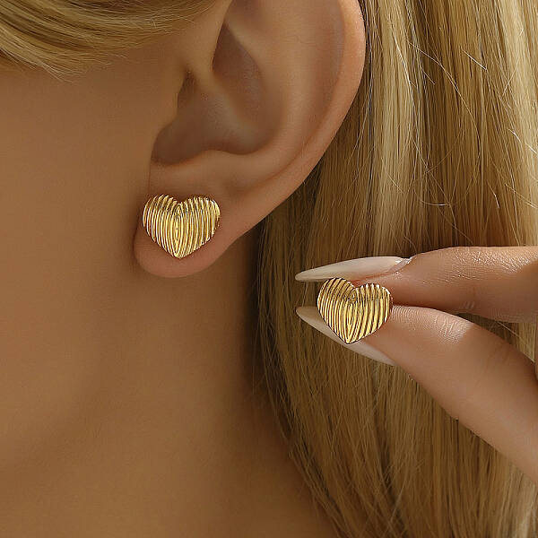 Romantic Striped Heart Stainless Steel Stud Earrings