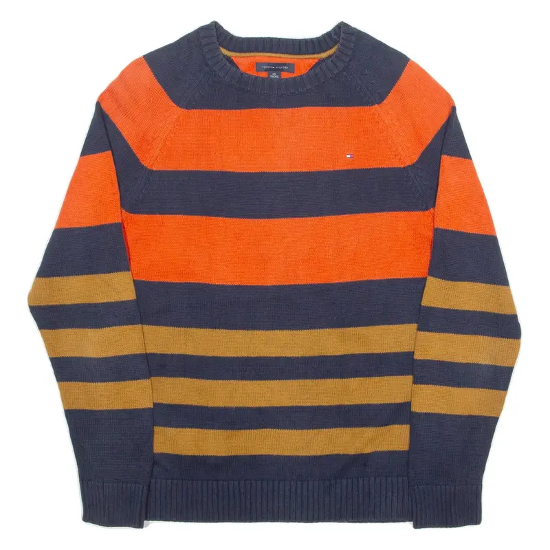 TOMMY HILFIGER Boys Patterned Jumper Blue Striped Crew Neck Tight Knit XL