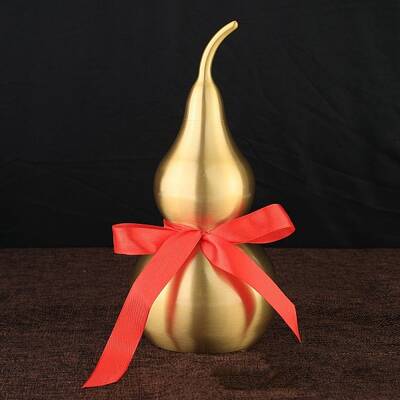 Brass Hollow Tilted Head Gourd Statue Ornament with Red Luck Strip