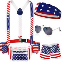 9 count Patriotic Fanny Pack Beverage Belt Set Belt Bag Suspenders Drink Holder Flag Headband Wristband (Stylish)
