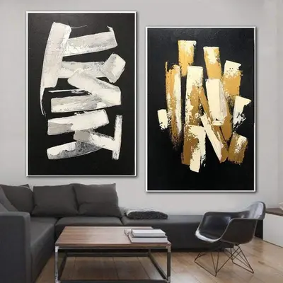 Black Fine Art On Canvas Modern Wall Art Set Of 2 Paintings Gold and White | BREATHING