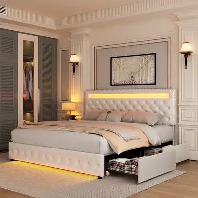 Queen Led Smart Bed Frame with 4 Storage Drawers, Smart Controls RGBW LED Adjustable Headboard, Control DIY Colors, No Sprin...