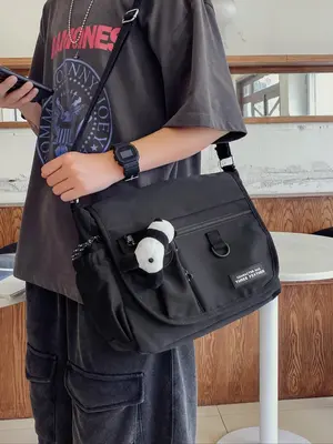 Men's Casual Plain Letter Zipper Crossbody Bag, Sporty Portable Bag Charm Decor Messenger Bag with Adjustable Strap, Multi-po...