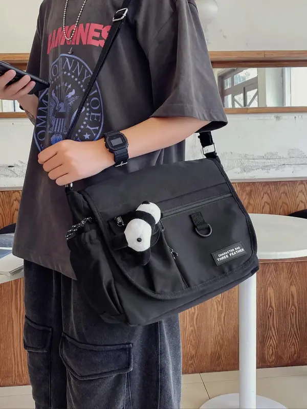 Men's Casual Plain Letter Zipper Crossbody Bag, Sporty Portable Bag Charm Decor Messenger Bag with Adjustable Strap, Multi-po...