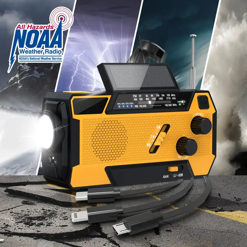2000mAh Solar Hand Crank Weather Radio, AM/FM/NOAA, Flashlight & SOS Alarm for Hurricane Preparedness & Outdoor Emergencies