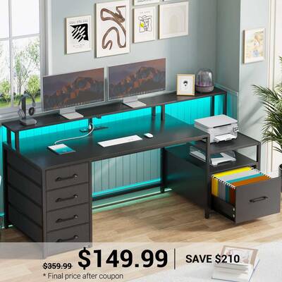 SEDETA ® 66 Inch Computer Desk Home Office LED Gaming Table with 5 Drawer Rustic Brown Home Office Furniture