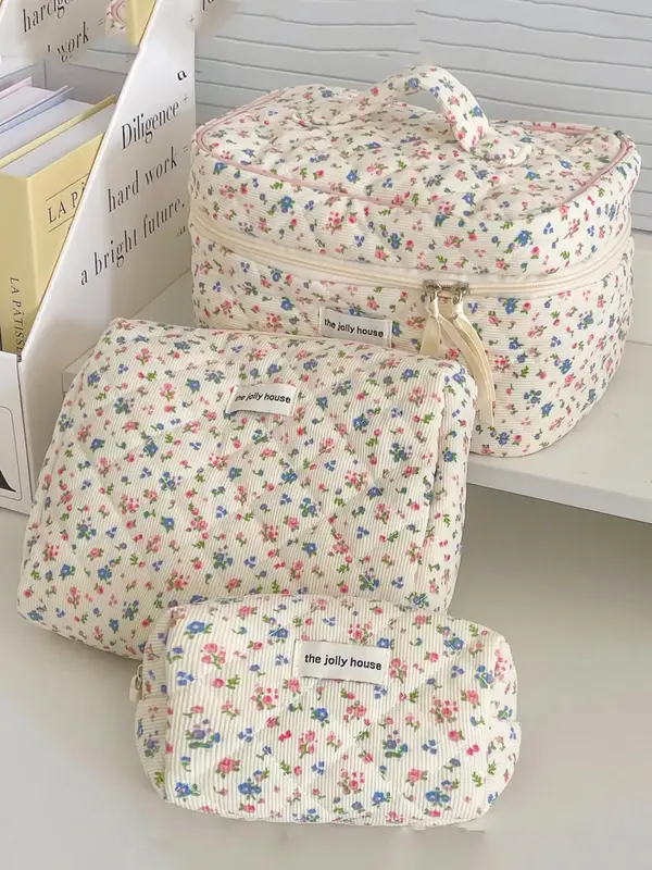 Ditsy Floral Pattern Letters Label Makeup Bag,  Makeup Bag, Travel Essentials Back To School, Corduroy Makeup Brushes Organiz...