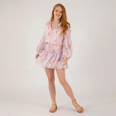 Multi Color Long Sleeve Smocked Mini Dress - S