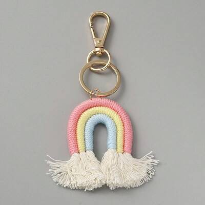 Macrame Weaving Rainbow Tassel Cotton Keychain with Alloy Findings
