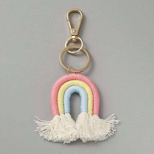 Macrame Weaving Rainbow Tassel Cotton Keychain with Alloy Findings