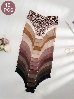 15/21pcs Women's Solid Or Leopard Print Scallop Trim Knickers, Casual Soft Comfy Breathable Panty for Daily Wear, Pastel Thon...
