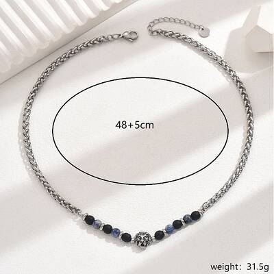 Vintage Stainless Steel Lion Head Blue Spot Jasper Beaded Necklaces for Daily Wear