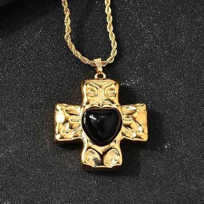 Cross with Heart 304 Stainless Steel Cubic Zirconia Pendant Necklaces