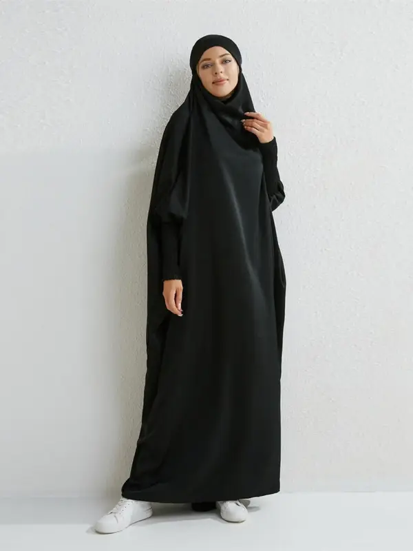 Women's Solid Shirred Batwing Sleeve Abaya with Integrated Hijab, Modest Long Arabian Prayer Dress, Women's Islamic Clothing ...