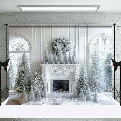 Pure White Window Fireplace Snowy Christmas Backdrop - Aperturee
