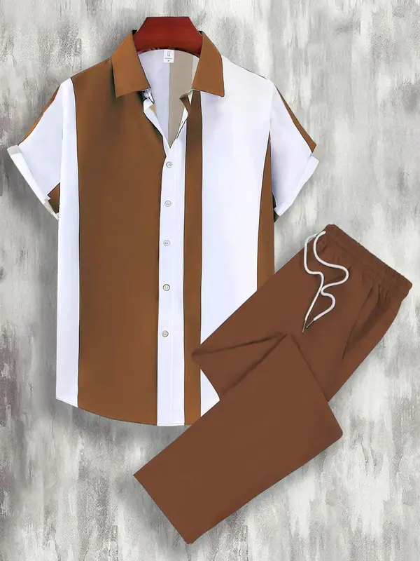 Men's Patchwork Print Short Sleeve Top & Pants Loungewear Two-piece Set, Regular Fit Casual Comfy Top & Trousers Pj Set, Men ...