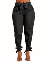 Women's Solid Color Belted Tie Front Carrot Pants, Casual Elastic Waist Trousers for Fall & Winter, Women's Bottoms for Daily...