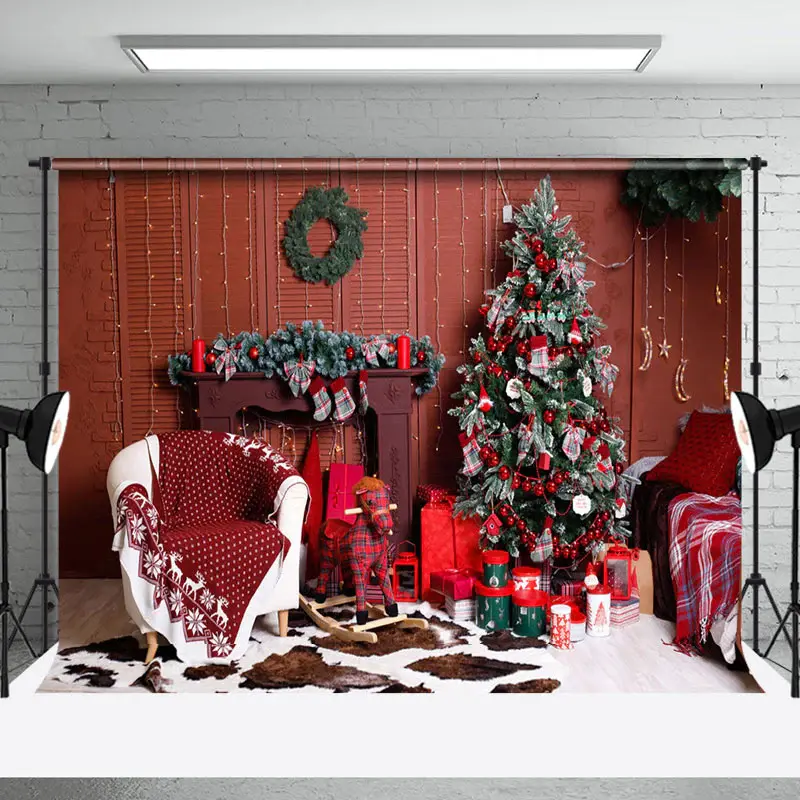 Aperturee Indoor Room Green Tree Red Gifts Christmas Backdrop - Aperturee