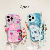 Cute Flower & Turtle Pattern Phone Case with Lanyard, 2 Counts Anti-drop Cellphone Protective Case, Shockproof Mobile Phone C...