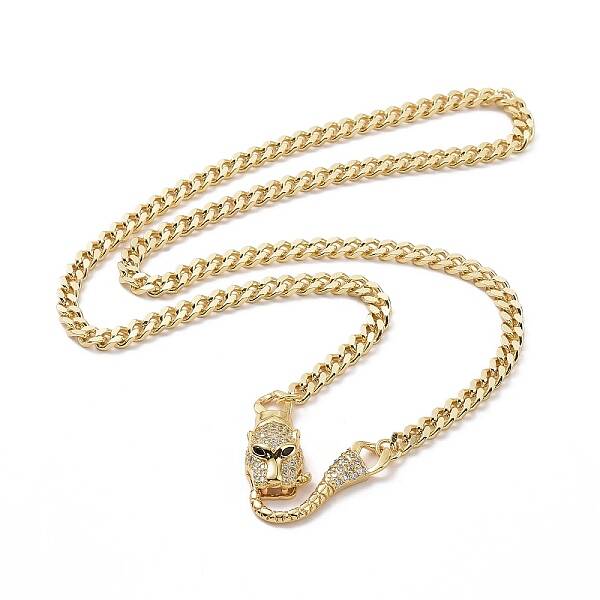 Cubic Zirconia Leopard Pendant Necklace with Brass Curb Chains for Women