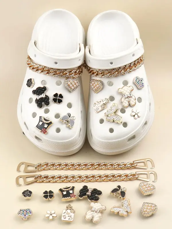 14pcs/set Fashionable Bear & Flower Design Shoes Decorations, Cute Cartoon Chain & Butterfly Design Shoes Charm, Shoes Decora...