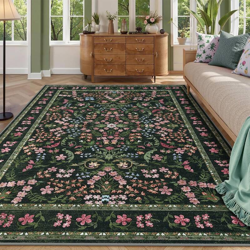 Garvee Washable Area Rug 8x10 Boho Floral Soft Low Pile Carpet for Living Room Bedroom Dining Room Nursery Hallway Green