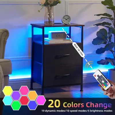 Somdot Nightstand with Charging Station and LED Light for Bedroom, Bedside Table End Table for Dorm Bedside Laundry Closet En...